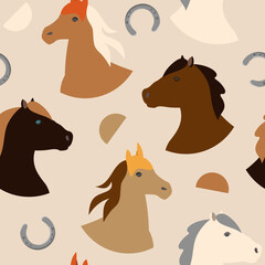 Horses seamless pattern, print. Brown horses or ponies  with horseshoes. Minimalist, modern, stylish, flat illustration for fabric, textile, paper, cover, interior.