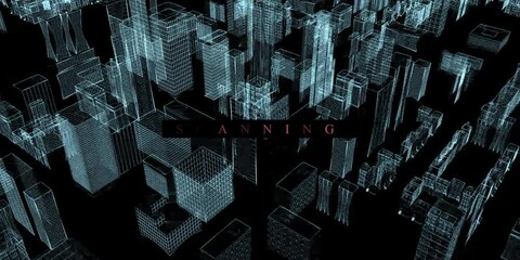 Monitor Showing a Scanned Map of the City. Computer Detection of Tracking a Moving Object in a City. 3D model of see-through buildings in cybernetic futuristic city. Blue and Black Background - Powered by Adobe