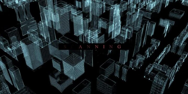 Monitor Showing a Scanned Map of the City. Computer Detection of Tracking a Moving Object in a City. 3D model of see-through buildings in cybernetic futuristic city. Blue and Black Background