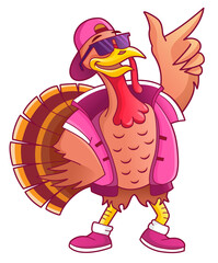 Cool thanksgiving turkey in sunglasses and cap. Isolated illustration for thanksgiving day