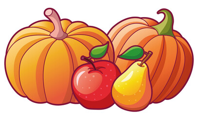 Fruits and vegetables isolated illustration. Vector composition of two fresh pumpkins, red apple and yellow pear.