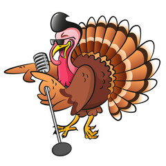 Singing turkey in sunglasses with microphone. Isolated illustration of cartoon character for thanksgiving day
