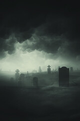 dark clouds over old graveyard at night - obrazy, fototapety, plakaty