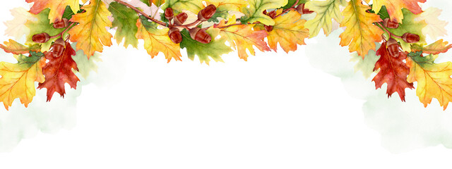 Naklejka na ściany i meble Watercolor autumn abstract background with seasonal leaves