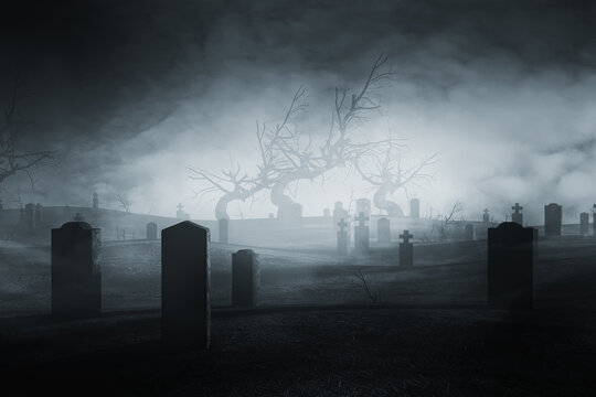 cemetery at night, halloween landscape
