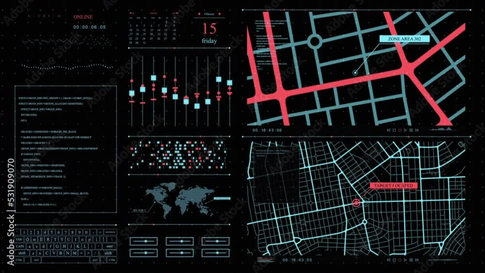 Fototapete graphic monitor interface showing a scanned map of the city, data base about locality. computer dete