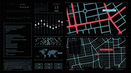 Graphic Monitor Interface Showing a Scanned Map of the City, Data Base About Locality. Computer Detection of Tracking by The Moving Target in a City. Concept of Digital Security and Data Access