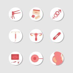 Motherhood set. Woman fertility icon set. Obstetrics signs collection. Pregnancy insemination contraception concept.