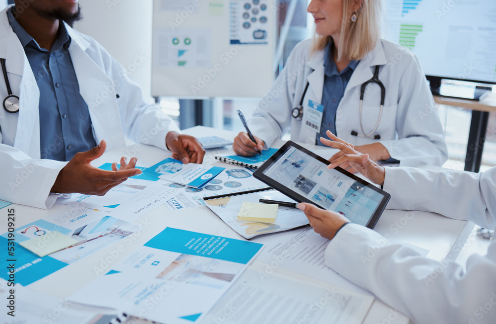 Aufkleber healthcare doctors and meeting documents with tablet data for business discussion in office. medical