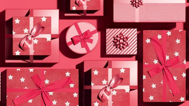 Red Christmas gift box with ribbon set on red colour background. 3D animation.	 Top view flat lay.