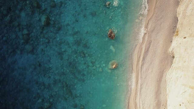 Aerial top down of idyllic azure waters of Katsiki beach, Lefkada, Greece