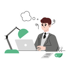 Stress and exhaustion at ideas concept. Young stressed man cartoon character sitting on floor near laptop and feeling frustrated and stuck with ideas vector illustration 