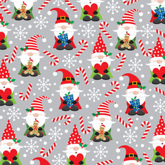 christmas seamless pattern with christmas gnomes and candy cane