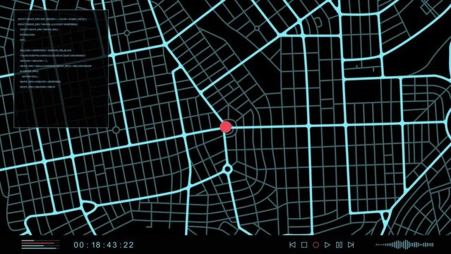 Graphic Monitor Interface Showing a Scanned Map of the City, Data Base About Locality. Computer Detection of Tracking a Moving Object in a City. Concept of Digital Security and Data Access