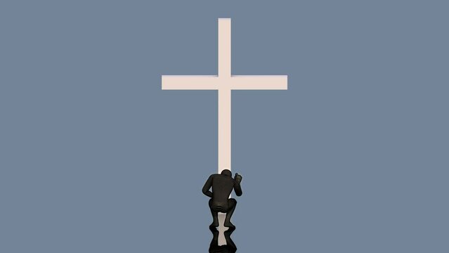 The man bows to the cross. Prayer. 3D animation