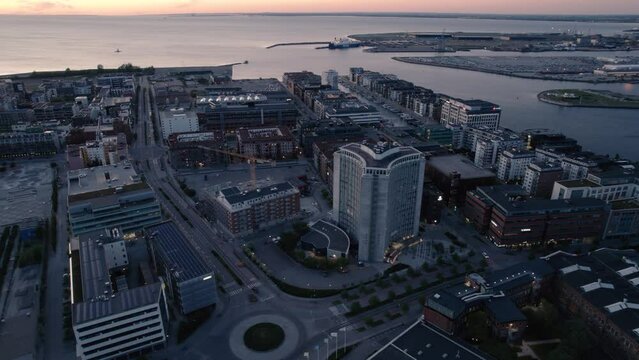Drone view of harbor area (v&auml;stra hamnen) in Malm&ouml; Sweden, evening