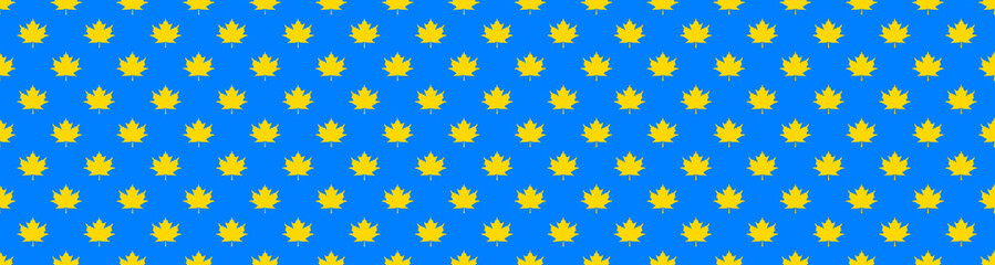 pattern of yellow maple leaves on a blue background. template for application to the surface. Horizontal image. Banner for insertion into site.