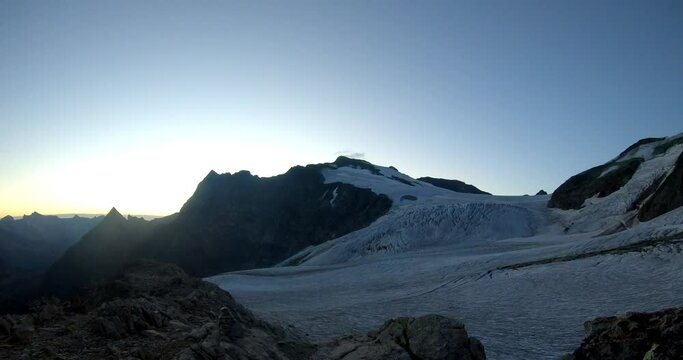 A Sunrise time-lapse video over the Steingletscher glacier in the Sustenpass region of the Swiss Alps at 2,800m Switzerland.