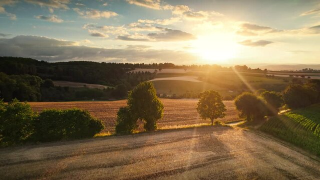 Aerial footage of a beautiful sunrise over an idyllic rural landscape with trees and dry fields on hills, illuminated with warm gold sunlight
