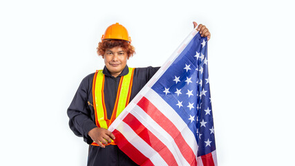 Male engineer holding the United States flag