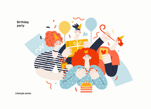 Lifestyle series - Birthday party - modern flat vector illustration of men and women celebrating birthday, giving presents. People activities concept
