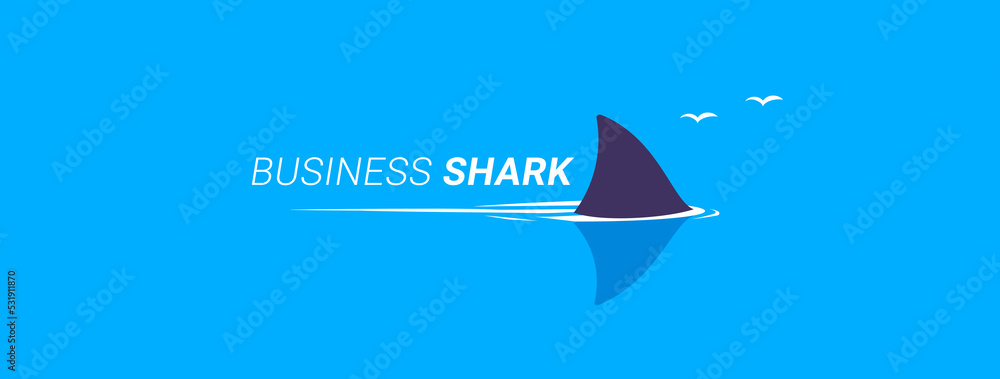 Wall mural Vector business illustration of fish shark on blue water background with word. Flat style design of dangerous fish shark fin swimming in the sea