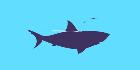 Vector illustration of silhouette of fish shark on blue water background. Flat style design of dangerous fish shark swimming in the sea