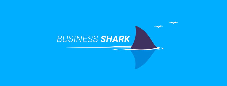 Vector business illustration of fish shark on blue water background with word. Flat style design of dangerous fish shark fin swimming in the sea