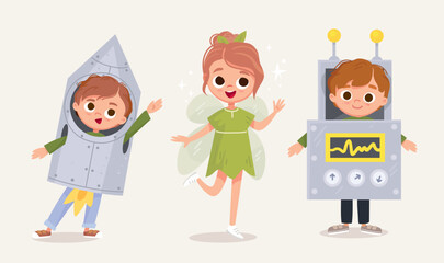 Small children dressed up in astronaut, rocket, robot, fairy, fey, nymph costume standing in various poses isolated vector illustration. New look for kids costume party.Dressing up for party, carnival