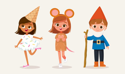 Small children dressed up in ice-cream, mouse, dwarf costume for festival, standing in various poses isolated vector illustration. New look for kids costume party. Dressing up for party, carnival