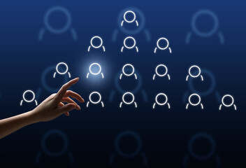 Businessman stands in front of a virtual hierarchy diagram in a company.