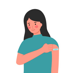 Vaccinated woman with plaster on arm in flat design on white background.