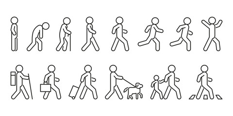 People walk and run, line icon in different posture side view. Person various action poses set. Stand, walk, run, travel, crosswalk, with dog and child. Vector outline illustration
