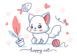Vector illustration of happy cute cat character with fish, ball and flower on white color background. Flat line art style design of animal cat