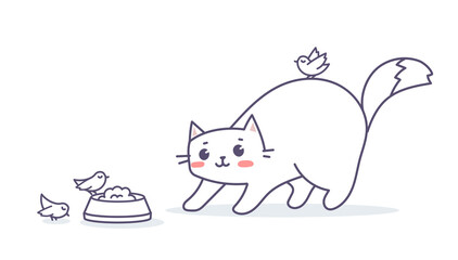 Vector illustration of happy cute cat character and bird on white color background. Flat line art style design of cute animal cat