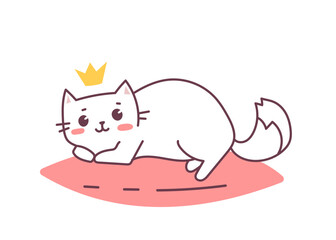 Vector illustration of lying happy cat character with crown on pink pillow on white color background. Flat line art style design of relaxing cute animal cat
