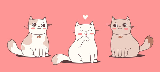 Vector illustration of happy cat character on pink color background. Flat line art style romantic design of sitting and cleaning cute animal cat