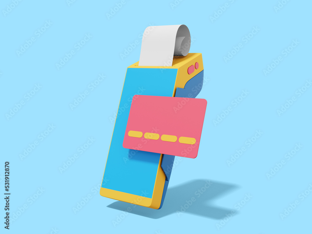 Poster colorful pos terminal with credit card and check. modern machine for cashless payment. device for nf