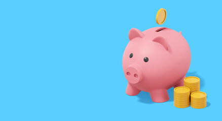 Pink piggy bank with falling coins, stacks of coins on blue background. Accumulation of savings icon. Banner, space for text. 3D rendering.