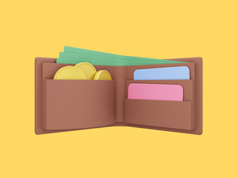 Open wallet with coins, bills and credit cards on yellow background. 3d rendering