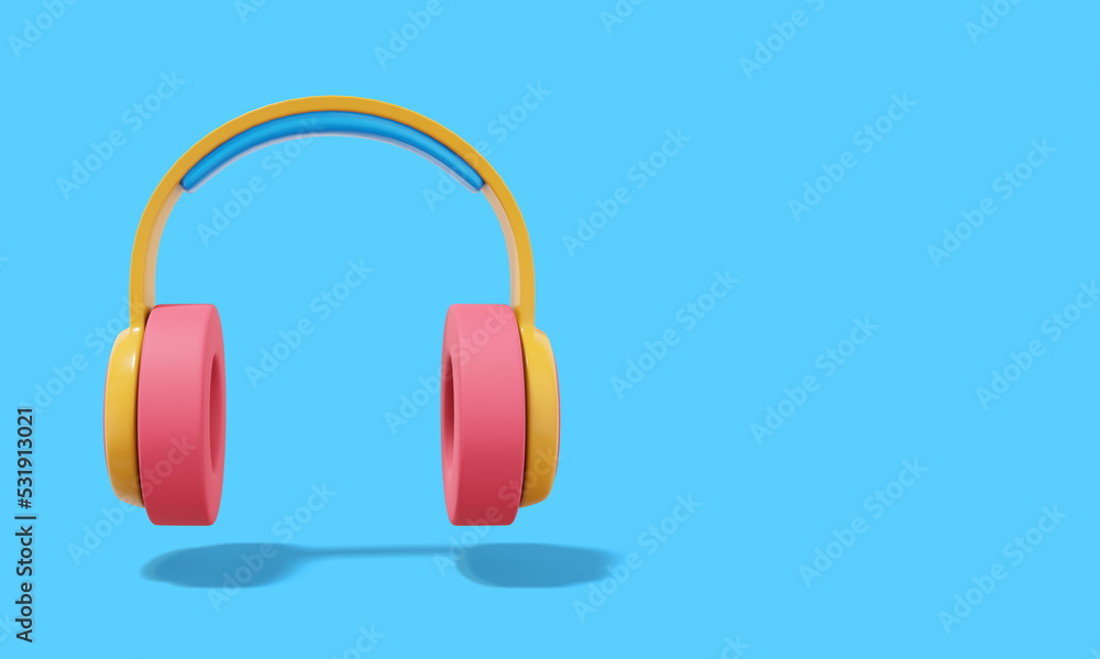Poster multicolored headphones on blue background with space for text. front view. 3d rendering.