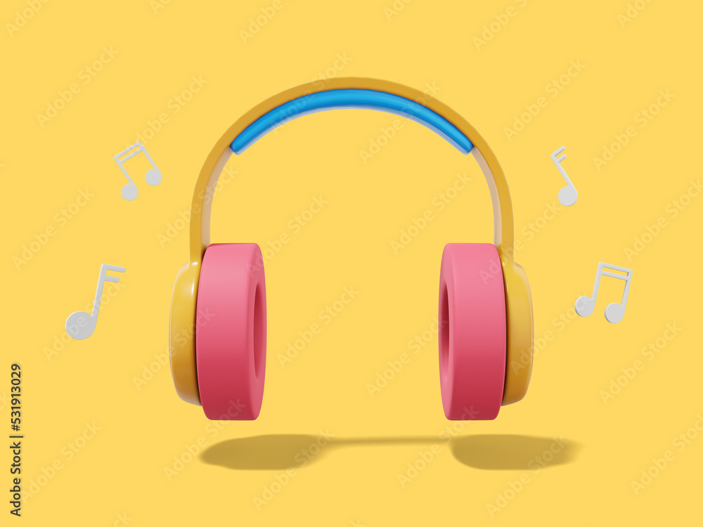 Poster 3d rendering. multicolored headphones with notes on yellow background. front view.