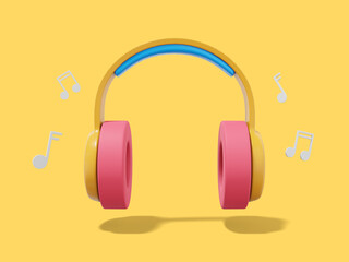 3d rendering. Multicolored headphones with notes on yellow background. Front view.