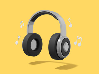 Realistic gray headphones with musical notes on yellow background. 3d rendering.