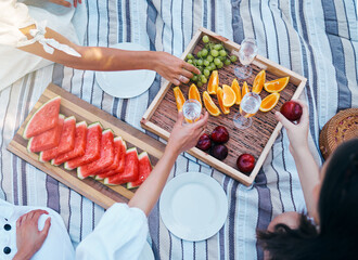 Hands, picnic and fruits of friends with wine at park eating and drink luxury, nutrition and grape celebration champagne in summer. Women, family or people celebrate with healthy diet food top view