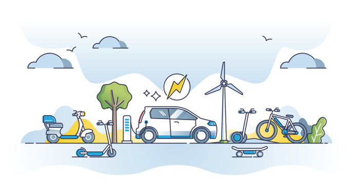 Green transportation using renewable electricity as fuel outline concept. Reduce CO2 emissions and use sustainable alternatives vector illustration. Bicycle, scooters and hybrid cars for clean future.