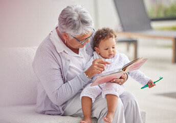 Family, book and reading with grandma and baby relax on sofa in the morning for story, learning and...