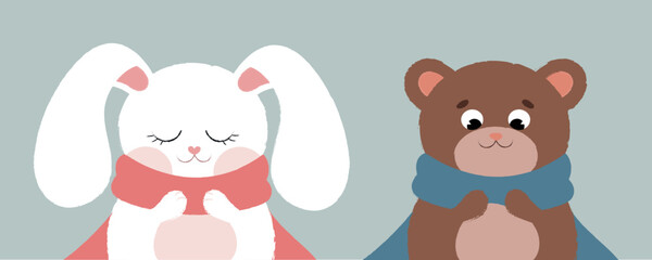 Cute two animals. Rabbit and bear.