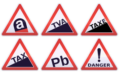 Collection of white, red and black triangular signs of danger of asbestos, lead, tax increase in French and English and general danger (metal reflection)