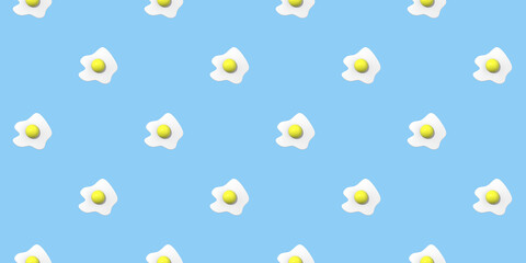 pattern. Image of chicken egg on pastel blue backgrounds. Egg with round yolk. Surface overlay pattern. Banner for insertion into site. Horizontal image. 3D image. 3D rendering.